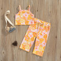Kids Girl Tanks Tops + Pants, Floral Print Elastic Waist Drawstring Pocket Decoration Summer Clothing. 