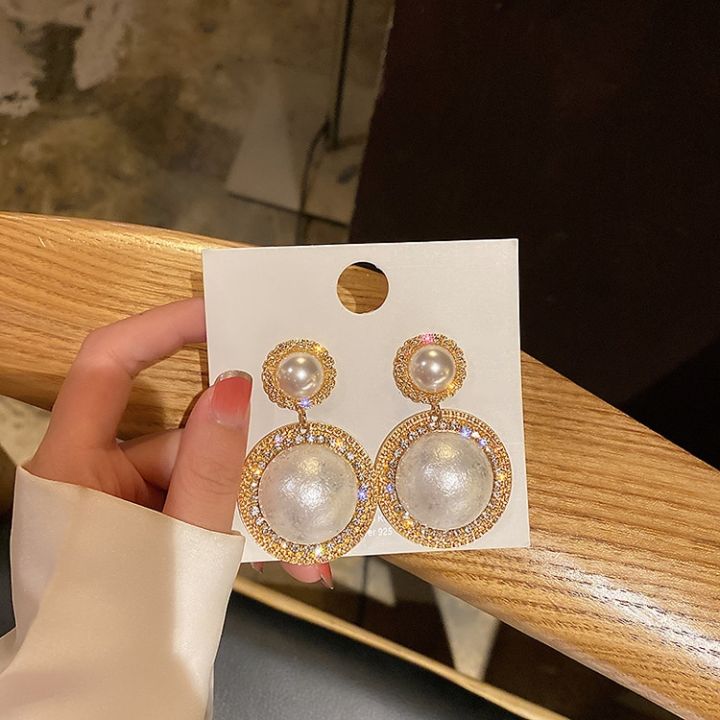 Korean Graceful Female Jewelry Temperament Simple Rhinestones Imitation Pearl Round Dangle Earrings for Women Girl Accessories
