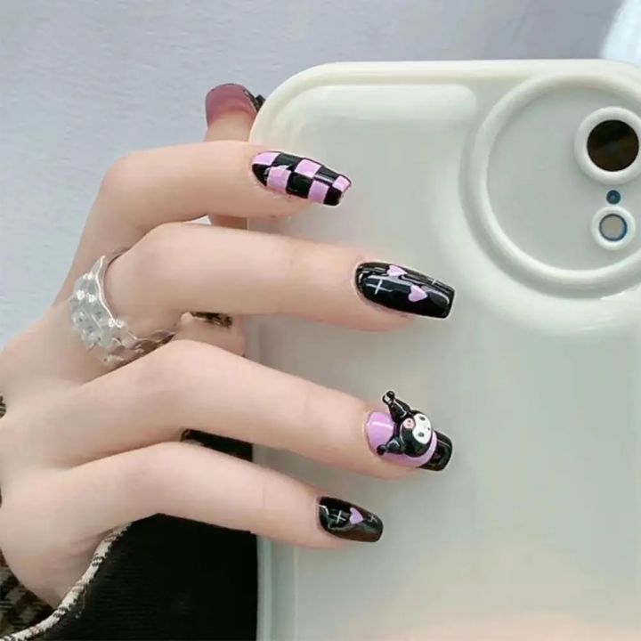 Kawaii 24Pcs/box False Nails Sanrio Kuromi Anime Wearable Press On Nail Tips with Glue Beauty Fashion Detachable Nail Art