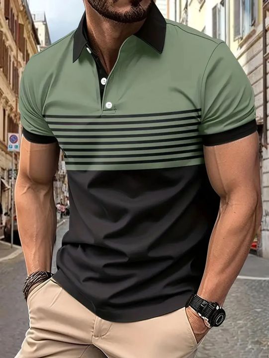 Striped Men's Casual Color Block Short Sleeve Lapel Polo Shirt For Summer Golf Shirt EUROPEAN Measurement