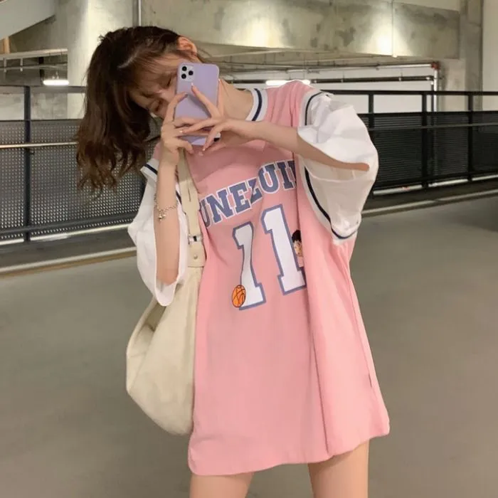 Fake%20Two%20Pieces%20Basketball%20WearTT-shirt%20Women's2022New%20Jersey%20Student%20Korean%20Style%20Loose%20Mid-Length%20Half%20Sleeveins-%20-%20Image%206