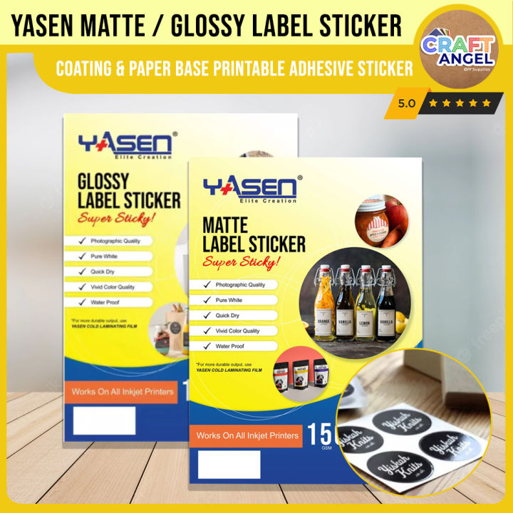 Yasen Matte / Glossy Label Sticker 150GSM A4 Size 20 Sheets High Quality Coating and Paper Base Printable Adhesive Sticker for All Types of Inkjet Printer