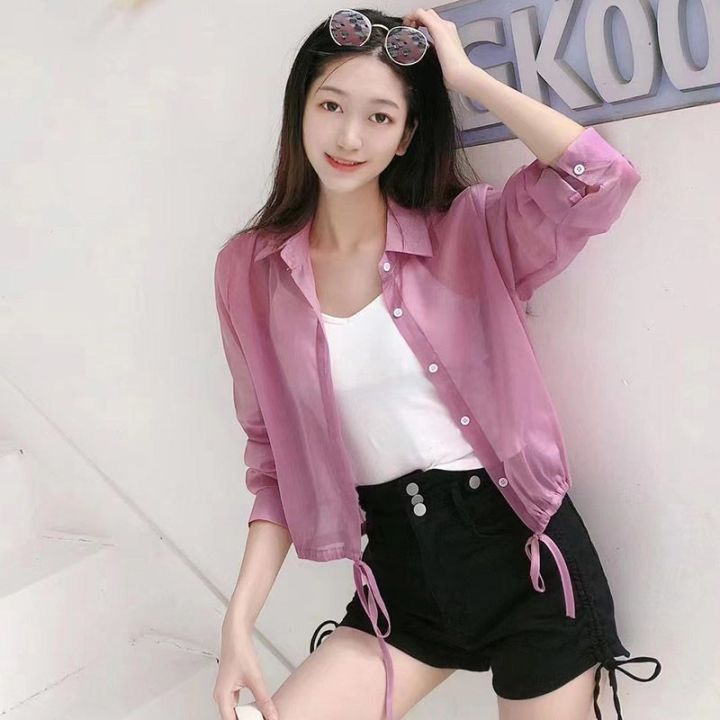 Scheming%20Top%20Long-Sleeved%20Fried%20Street%20Jacket%20Advanced%20Style%20Self-Retained%20Transparent%20Shirt%20Women's%20Ultra-Thin%20Outer%20Wear%20Cardigan%20Short%20-%20Image%202