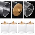 4 Pack Qtip Holder, 10-Ounce Bathroom Organizer Accessories Storage Containers Clear Plastic Apothecary Jars with Bamboo Lids for Cotton Ball, Cotton Swab, Floss. 