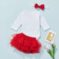 Ma&Baby 3 Pieces Baby Suit Set, Letter Print Round Neck Long Sleeve Romper+ Tiered Skirt+ Headband, White Red, 0-24 Months. 