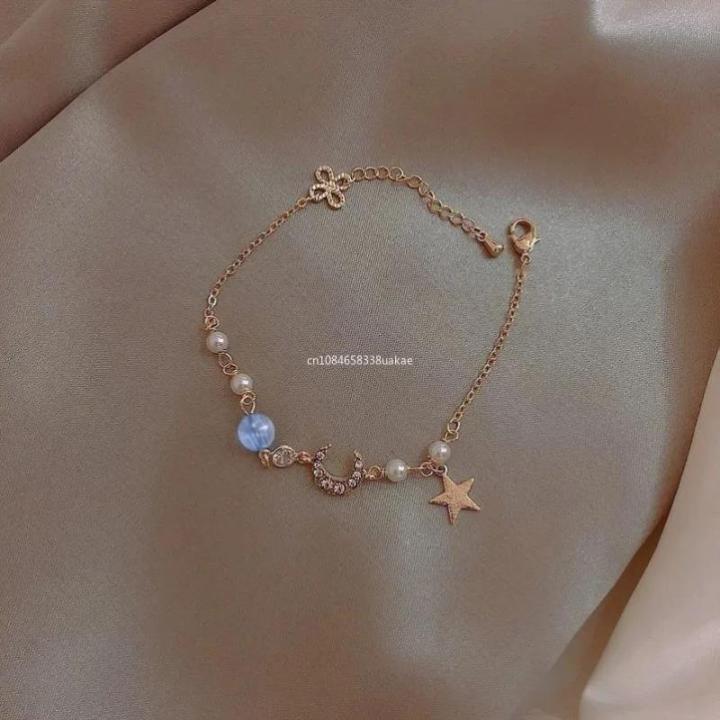 Korean Fashion Cute Star Moon Bracelets for Women Colorful Natural Stone Zircon Adjustable Pearl Chain Bracelet Wedding Jewelry