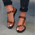 Cross-border wish summer webbing velcro flat sandals women's slotted buckle large size leopard print color-blocked beach sandals.