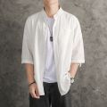linen shirt men's solid color shirt loose men's Chinese style summer cotton linen men's casual jacket seven rui silver. 