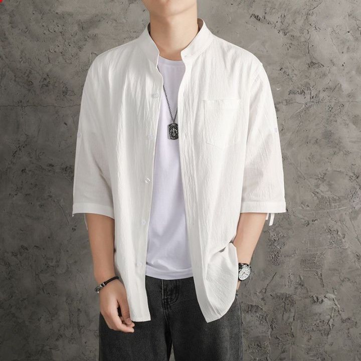 linen shirt men's solid color shirt loose men's Chinese style summer cotton linen men's casual jacket seven rui silver