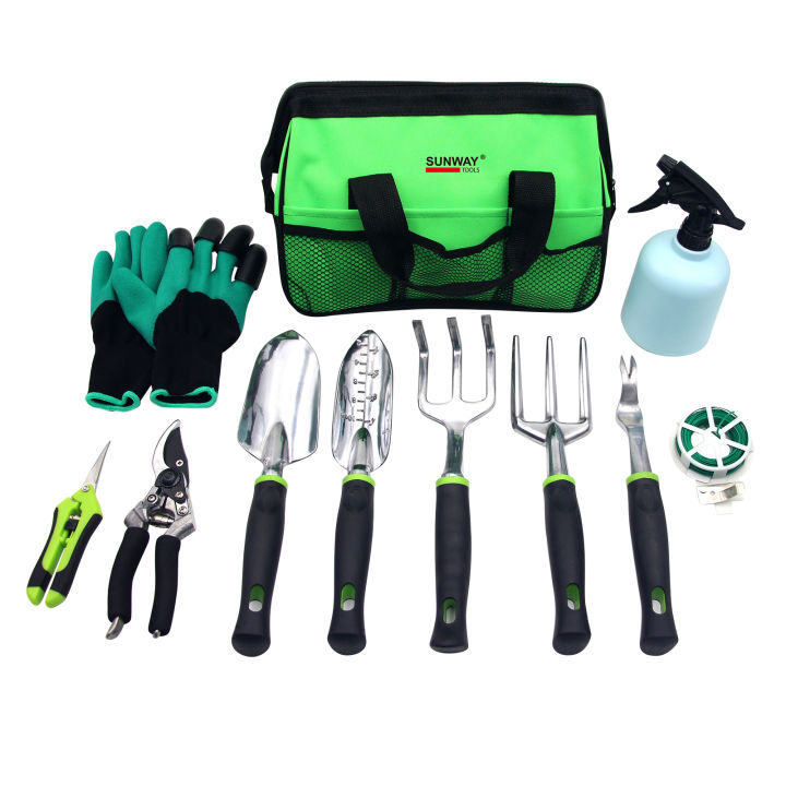 KOGEEK 11 Pieces Heavy-Duty Garden Tool Set Gardening Tool Kit with Trowel Transplanter Hand Rake Cultivator Weeder Pruning Shears Pruner Spraying Bottle Gloves Twist Tie