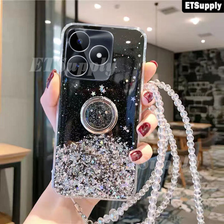 Phone Case Realme Note 50 Shiny Glitter Ring Soft Back Cover Transparent Full of Stars Sky Holder Stand for Realme Note 50 Case with Lanyard