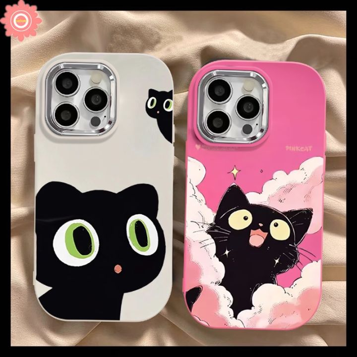 Cartoon Lovely Sweet Black Cat Phone Case Compatible for IPhone 11 15 14 12 13 Pro Max 7Plus XR 8 7 Plus X XS Max Cartoon Cute Cat Luxury Electroplate Plating Metal Lens Soft Cover