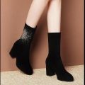 Stretch Boots Women2022New Thick Heel Fleece-Lined Ankle Boots Middle Boots Suede Rhinestones High Heel Skinny Small Man Socks Boots.
