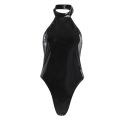 Women Black One Piece Body Suit Wetlook Latex Catsuit High Neck Halter Backless Leotard Bodysuit for Night Club Dance Wear.