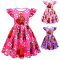 (New) girls princess dress cartoon printing short sleeves A-line skirt flying sleeves waist-printed dress.