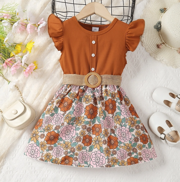 【Happy childhood memories】(New) frock dress kids summer baby girl 4-7years fluttering sleeve linen belt multi color selection floral print soft breathable infant baby clothing dresses