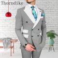Thorndike High Quality Grey Men's Business Double Breasted Solid Color Suit Coat / Male Slim Wedding 2 Pcs Blazers Jacket Pant.