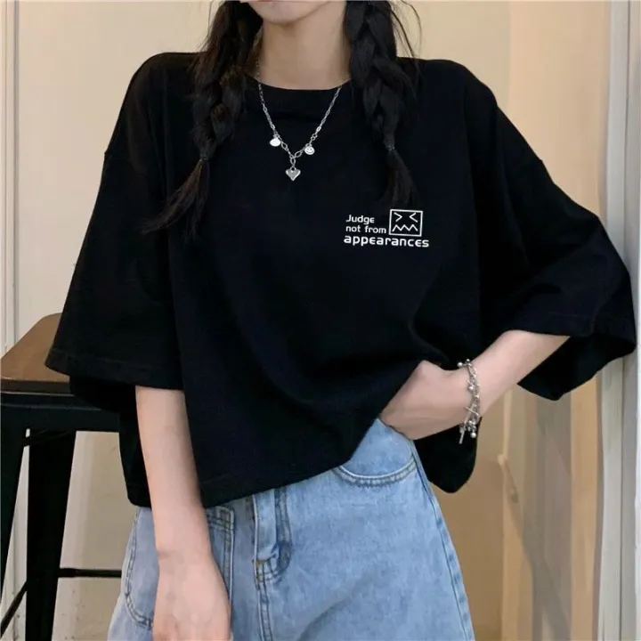 Pure%20Cotton%20ins%20Short%20T%20T-shirt%20Female%20Harajuku%20Style%20Student%20Summer%20New%20Korean%20Style%20Loose%20Black%20Figure%20Flattering%20Short%20Sleeve%20Top%20Fashion%20-%20Image%205