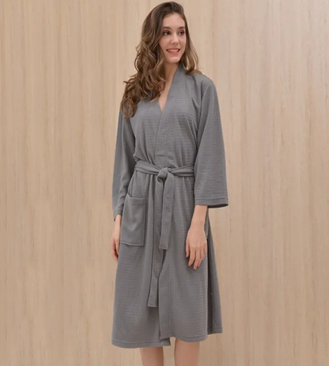 Ladies%20Waffle%20Cotton%20Bathrobe%20Kimono%20Robe%20Knee%20Length%20for%20Winter%20and%20Summer%20-%20Image%202