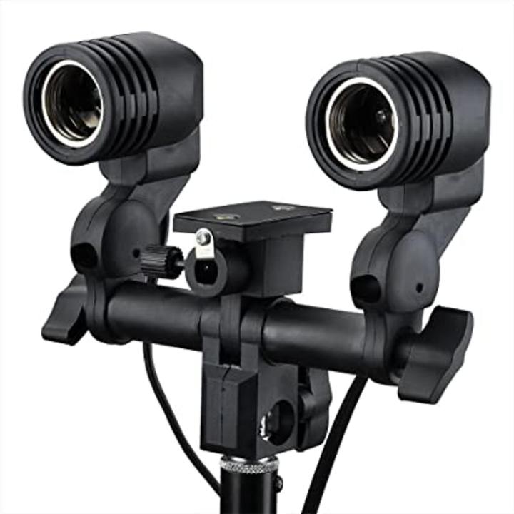 E27 Double Light Socket with Light Stand Swivel Mount & Umbrella Holder for Photography, Film, & Video Studio