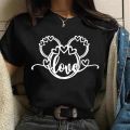 Disney Gold Micky Head Women's Casual 100% Cotton T-shirt Mickey Mouse High-Quality Print Fashion Top Cartoon.