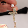 Lady Bling Rhinestone Inlaid Butterfly Long Tassel Faux Pearl Drop Stud Earrings. 