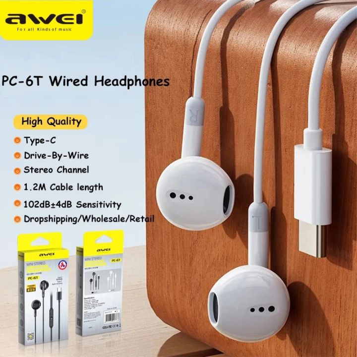 Awei PC-6T Type C Wired Earphone With Mic Wired Stereo Headphones USB C Sports Headset Support Volume Control Earphones Earbuds