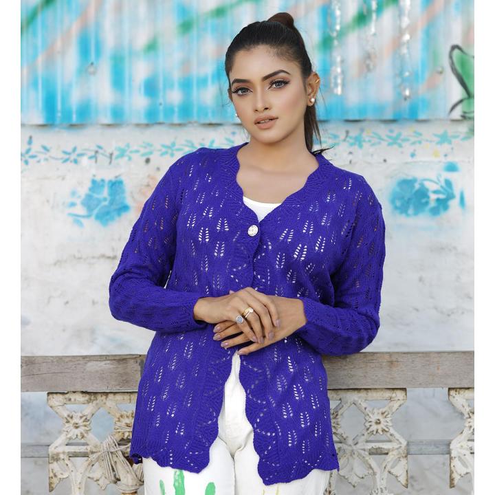 Girls Fashion's Curves Pointelle Pullover Short Sweater (Blue)