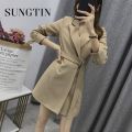 Sungtin Korean Style Casual Sashes Long Blazer Women Spring Office Lady Blazer Dress with Belt Female Chic Elegant Blazer Jacket. 