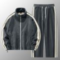 Striped Fleece Men's Sportswear Zipper Jacket + Sweatpants Tracksuit Winter Fashion Loose Unisex Jogging Suit Running Men Set. 