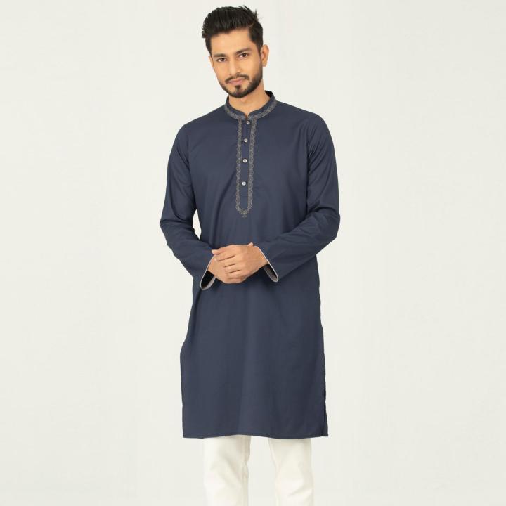 Masculine Semi Fit Embro Panjabi -  Navy