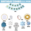 Birthday Decoration Combo Set – Blue-Themed Metallic Balloons, Card Banner, Net Curtain, Fairy Light & Balloon Arch Kit (111 Pcs). 