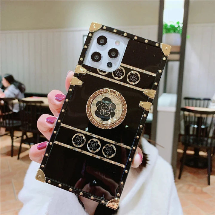 Glittering Square ladies Case with Gold Ghost Flower Ring Phone Case with Buckle Holder for iPhone 12 mini