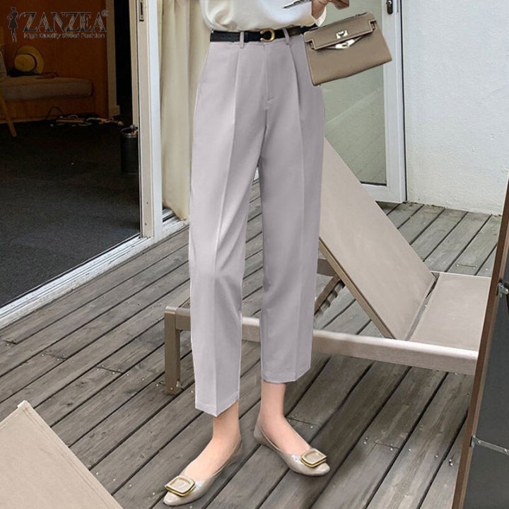 ZANZEA Korean Style Women Plain Casual Trousers Office Lady Commute Long Suit Pants Slacks
