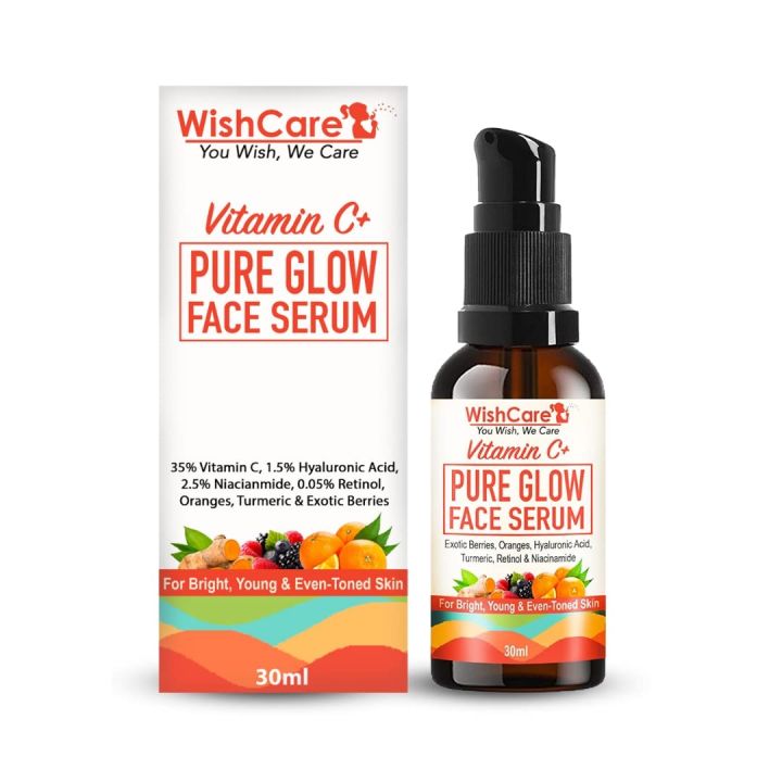 WishCare Pure Glow 35% Vitamin C Face Serum - With Hyaluronic Acid, Retinol, Niacinamide, Oranges, Berries & Turmeric - For Glowing, Bright, Young and Even Toned Skin - 30 ml
