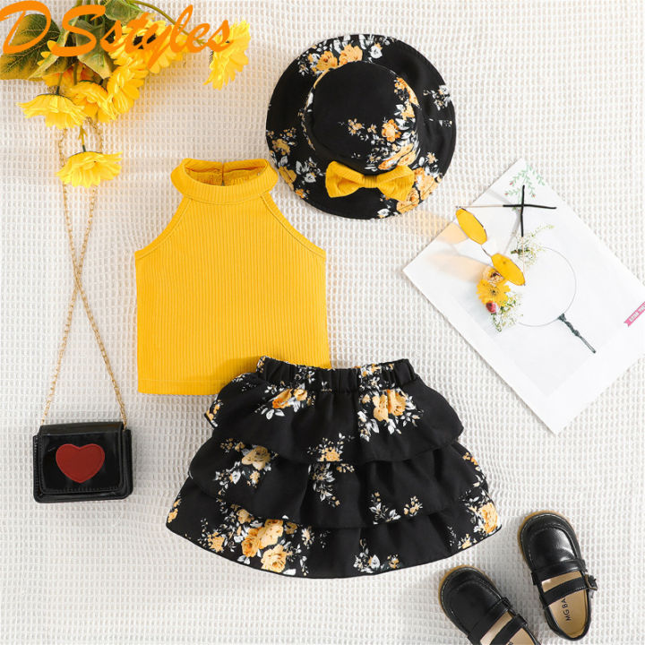 DSstyles Toddler Little Girl Summer Outfits 3-Piece Suit Sleeveless Top Mini Skirt Sun Hat Set Summer Baby Clothing Outfits