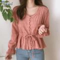 Women cute sweet peplum top slim waist a line belly design preppy style girls pink white button shirts blouses cotton D217.