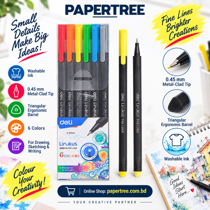 Deli EQ900-06 Fineliner Pen Set 6 Colors for Drawing, Sketching & Writing