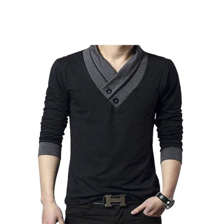 V-Neck Black Cotton Long Sleeve T-Shirt for Men T Shirt For Man