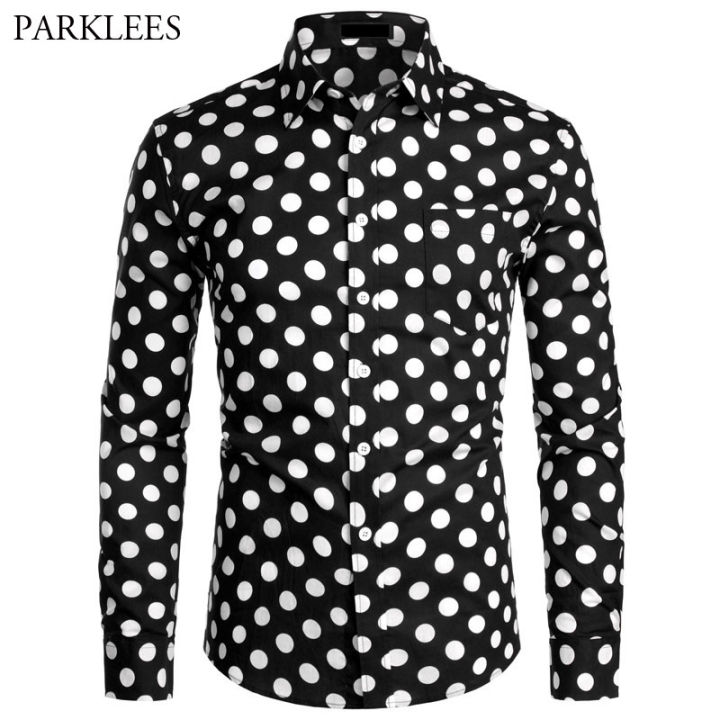 Black White Polka Dot Shirt Men Chemise Homme Casual Button Up Mens Dress Shirts Garden Point Camisas Masculina USA Size XS-XXL