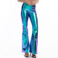 PU Leather Metallic Pants Shiny Holographic Flare Pants Women Girls Bodycon Elastic Waist Bell Bottom Trousers Clubwear. 