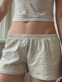 Waist shorts, loungewear, vest tops, elastic shi, 2-piece CHRONSTYLE women's pajamas set, stripe print, crop top, suspenders, soft pajamas, pajamas.