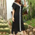 V-Neck Hollow Out Cover Up Woman Swimsuit Side Split Short Sleeve Beach Midi Dress 2023 Ladies Knit Bikini Cover-Ups Dress.