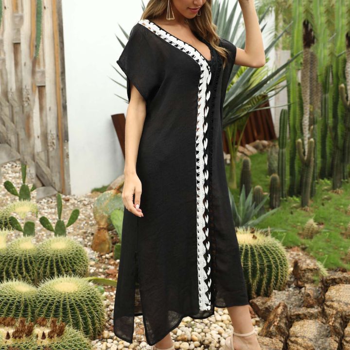 V-Neck%20Hollow%20Out%20Cover%20Up%20Woman%20Swimsuit%20Side%20Split%20Short%20Sleeve%20Beach%20Midi%20Dress%202023%20Ladies%20Knit%20Bikini%20Cover-Ups%20Dress%20-%20Image%205