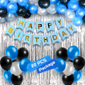 Happy Birthday Decoration Combo with Blue Paper Banner, Silver Foil Backdrop Curtain, and a Stunning Mix of Blue, Black & Silver Metallic Balloons- (Pack of 22 Pcs). 