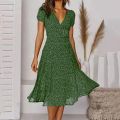 Summer Women’s Polka Dot A-Line Dress 2023 Casual V-neck Bandage Boho Beach Dress for Women Chic Midi Sundress Robe.