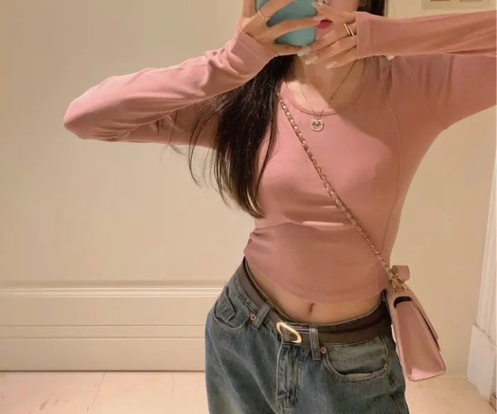 Sweet%20and%20Spicy%20Short%20Inner%20T%20Women's%20T-shirt%202023%20Autumn%20New%20Korean%20Slim%20Bottoming%20Shirt%20Long%20Sleeve%20Slim-Fit%20Student%20Top%20-%20Image%202