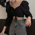 Women Smocked Crop Tops, Long Puff Sleeve Off Shoulder Solid Color Drawstring Shirts. 