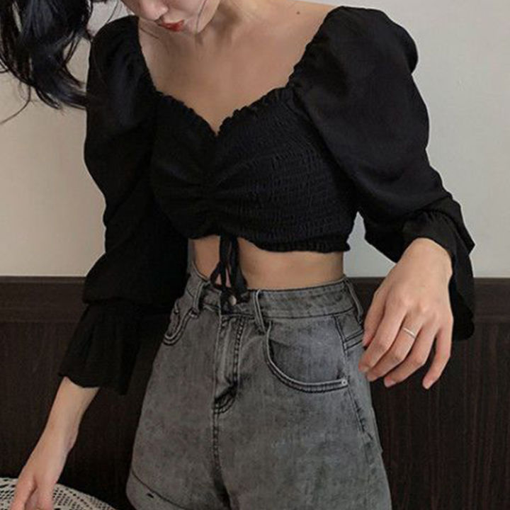 Women%20Smocked%20Crop%20Tops,%20Long%20Puff%20Sleeve%20Off%20Shoulder%20Solid%20Color%20Drawstring%20Shirts%20-%20Image%204