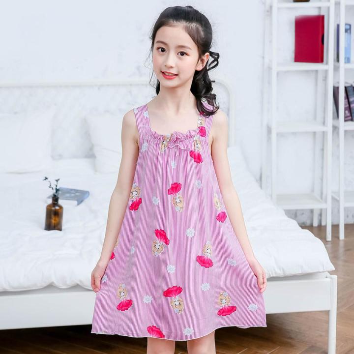 Girls' Nightdress Cotton Silk Girls' Pajamas Sleeveless Summer Medium and Large Children's Sling Princess Dress Artificial Cotton Home Wear